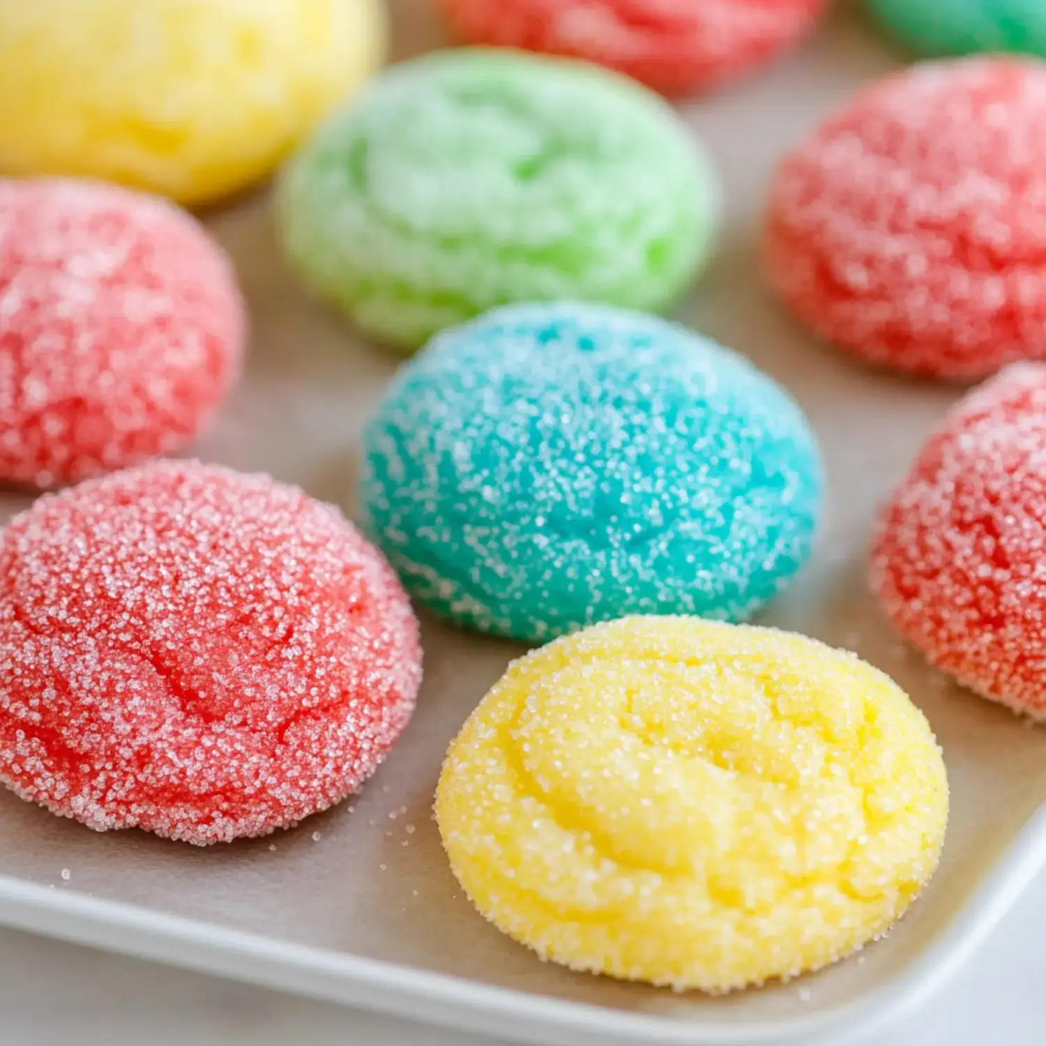 A tray of colorful, sugar-coated cookies in various shades of red, yellow, green, and blue.