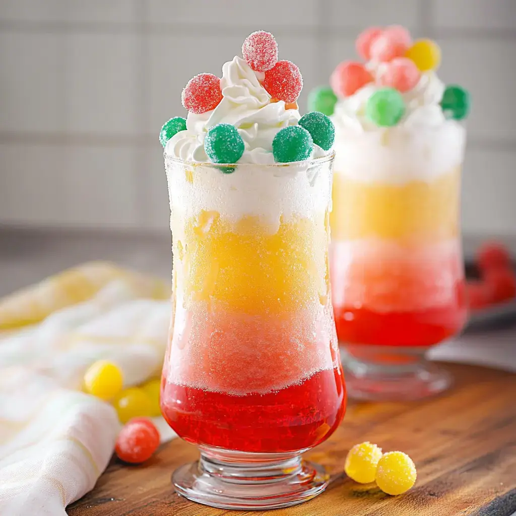 A colorful layered drink with whipped cream and candy toppings is displayed in tall glasses.