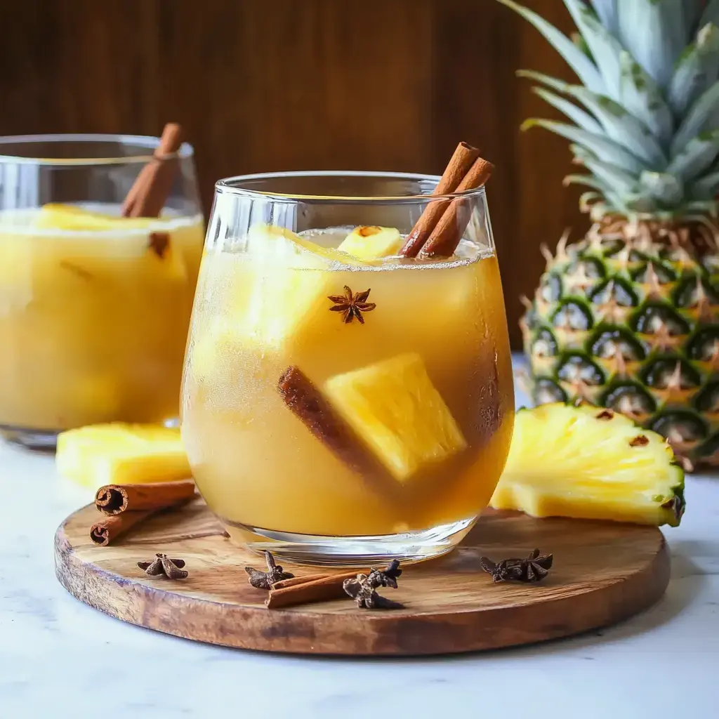 Two glasses of tropical drink with pineapple and cinnamon sticks sit on a wooden board, accompanied by fresh pineapple and spices.