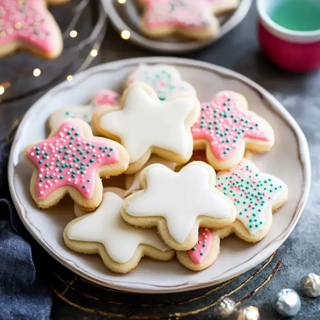 A plate of star-shaped sugar cookies decorated with pink icing and colorful sprinkles.