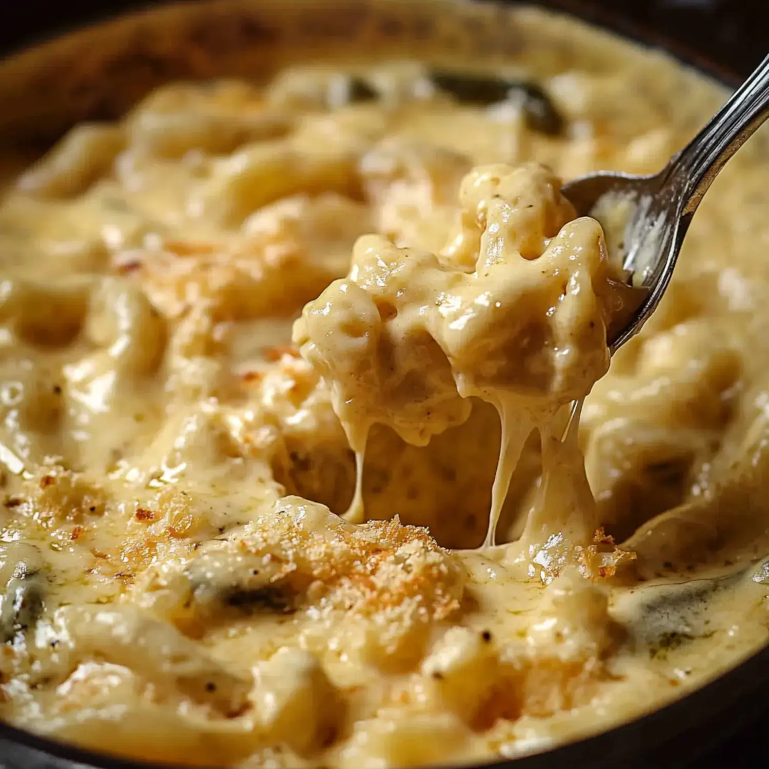 Creamy macaroni and cheese with a cheesy, golden crust is being lifted by a fork.