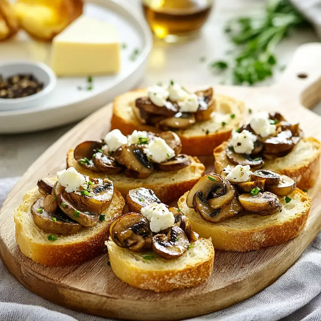 A wooden board displays several slices of toasted bread topped with sautéed mushrooms and crumbled cheese, accompanied by a plate of butter and a small bowl of pepper.