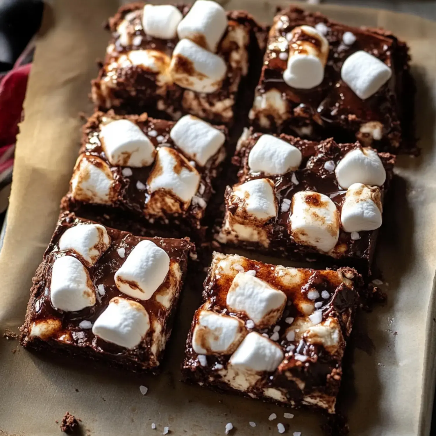 A close-up of chocolate brownies topped with melted marshmallows and a sprinkle of salt on a parchment-lined baking sheet.