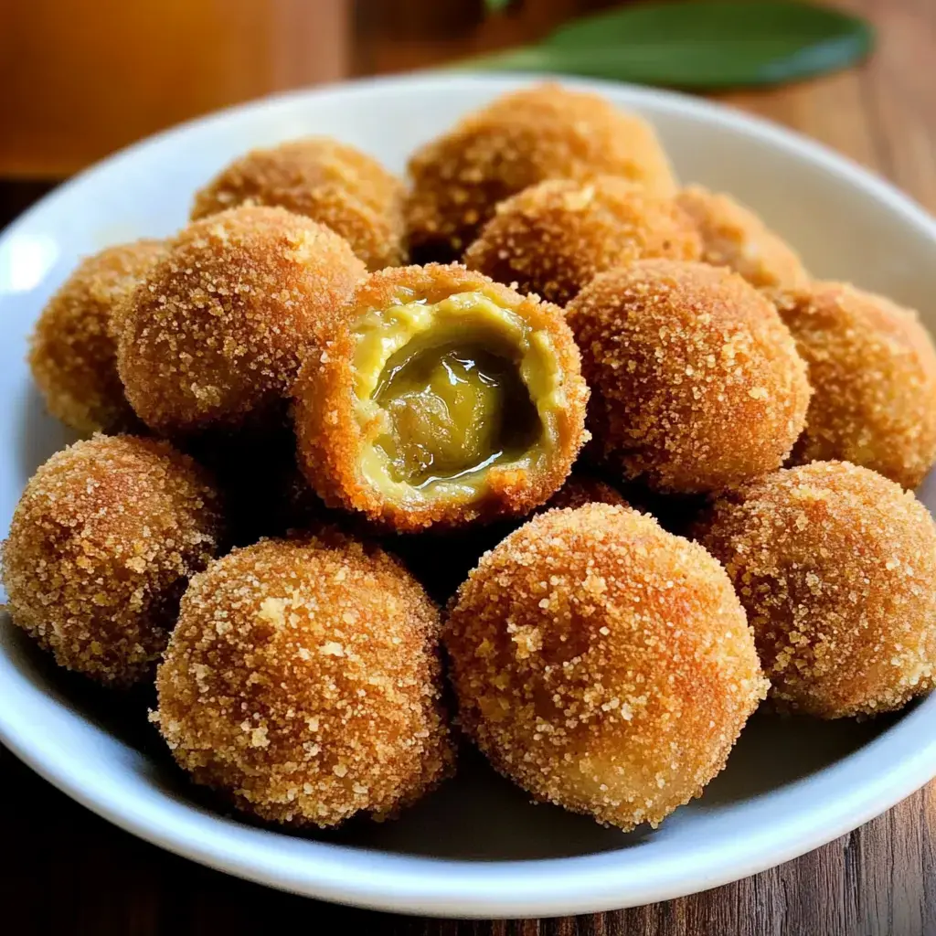 A bowl of golden, crispy balls coated in sugar, with one ball showing a soft, green filling inside.