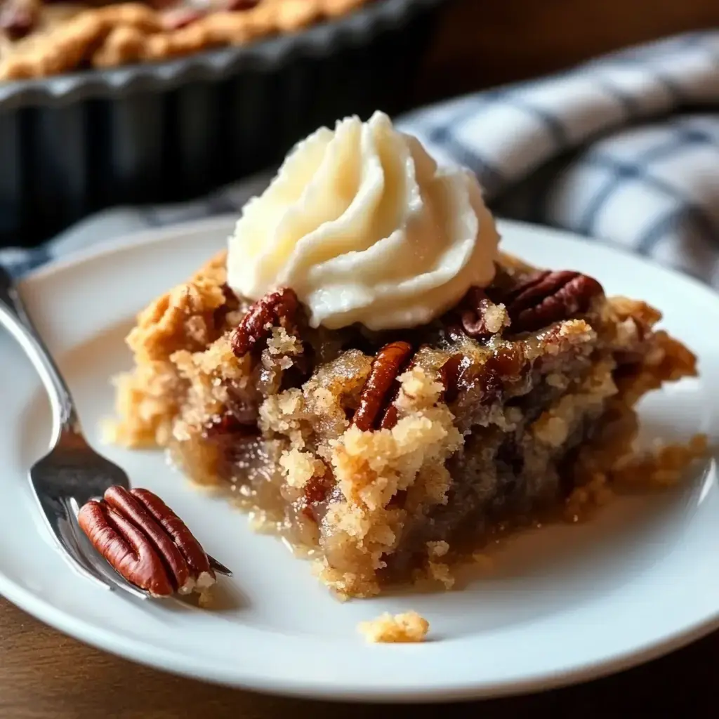 A slice of pecan pie topped with a dollop of whipped cream on a white plate, with pecans placed beside the fork.