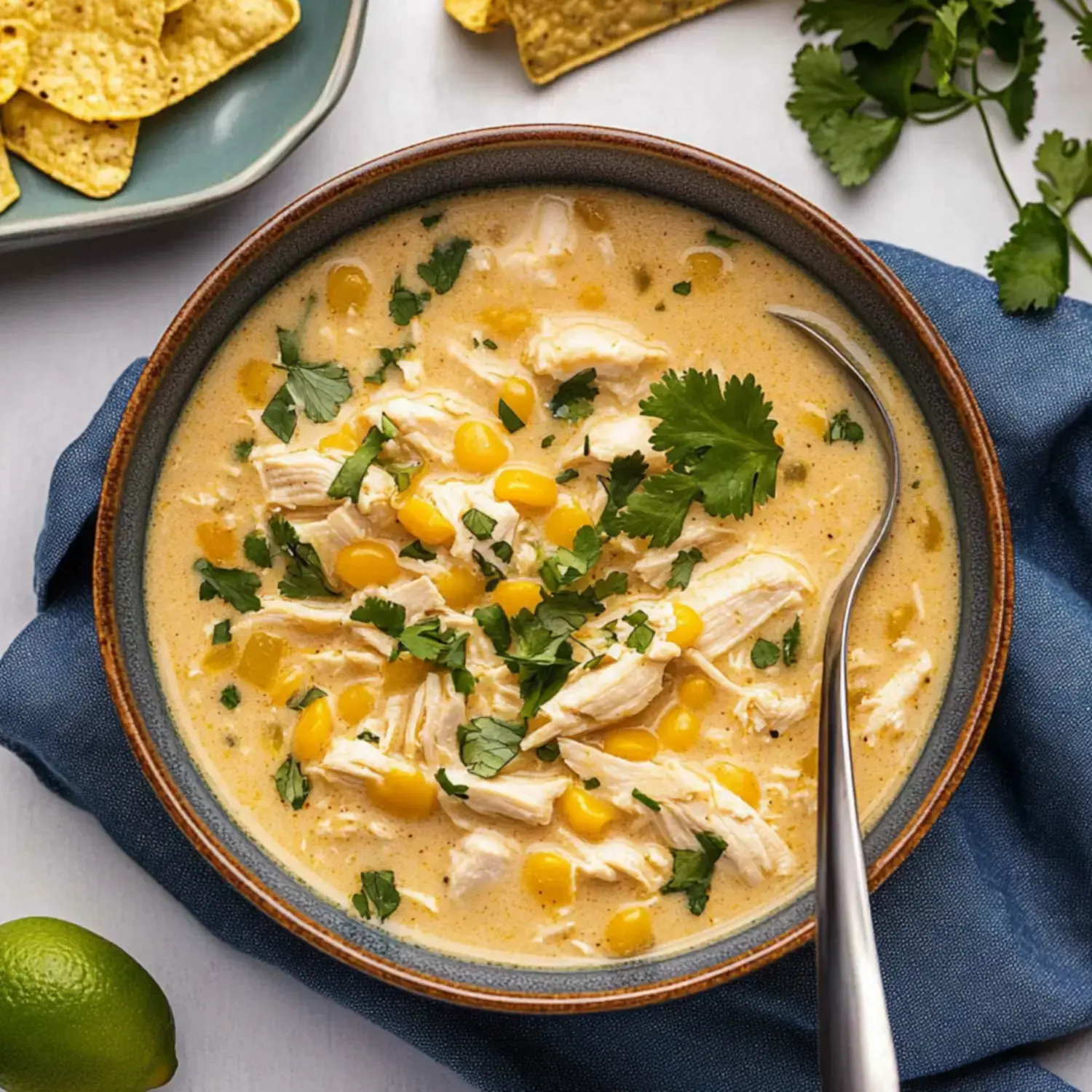 A bowl of creamy chicken soup with corn and cilantro, accompanied by tortilla chips and a lime.