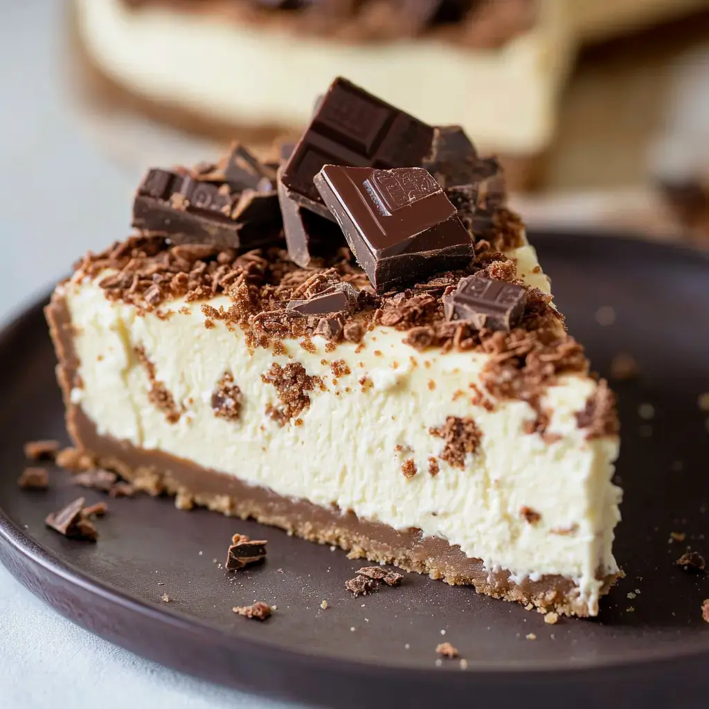 A slice of creamy cheesecake topped with chocolate shavings and chunks on a dark plate.