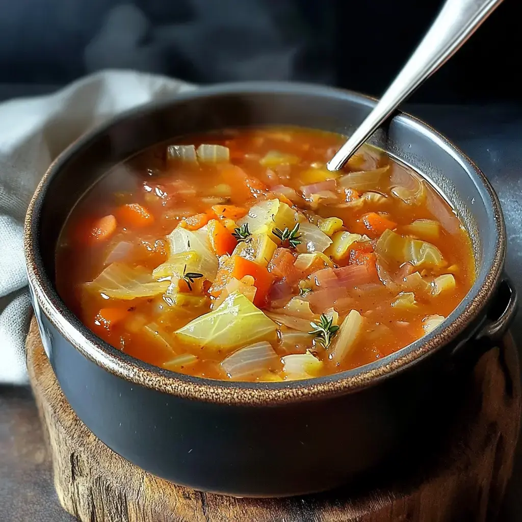 A steaming bowl of vegetable soup with colorful chunks of carrots, cabbage, and herbs, served on a wooden board.