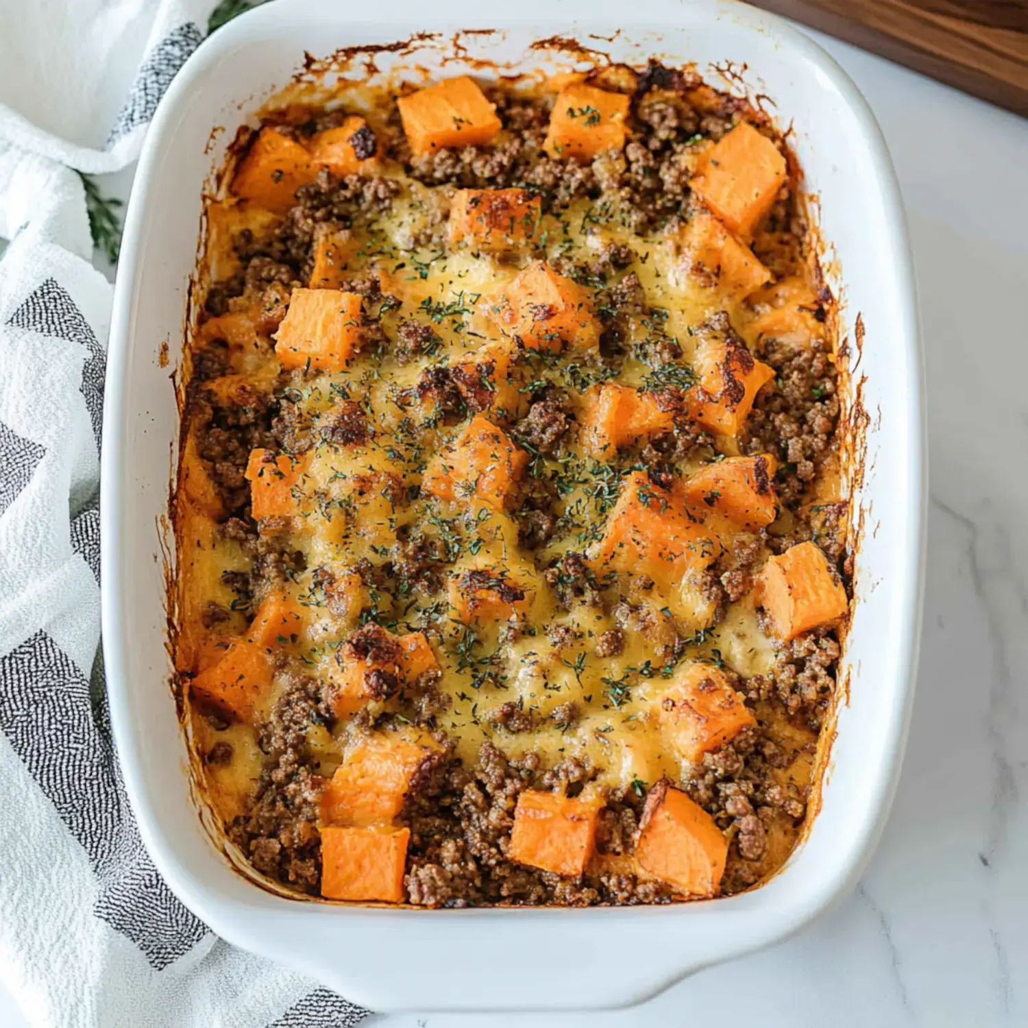 A baked casserole dish containing ground beef, sweet potato chunks, and melted cheese, garnished with herbs.