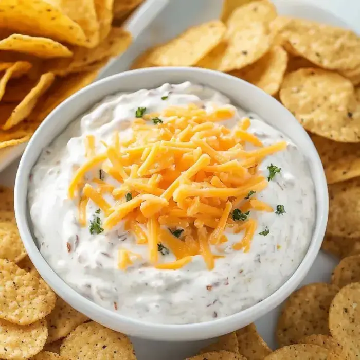 A bowl of creamy dip topped with shredded cheddar cheese and herbs, surrounded by tortilla chips.