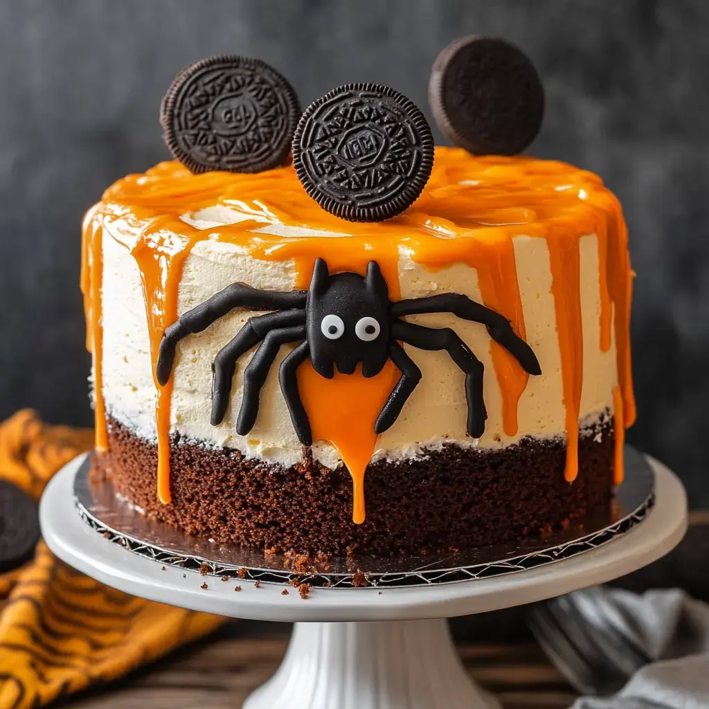 A Halloween-themed cake decorated with orange icing, a black spider figure, and Oreo cookies on top.