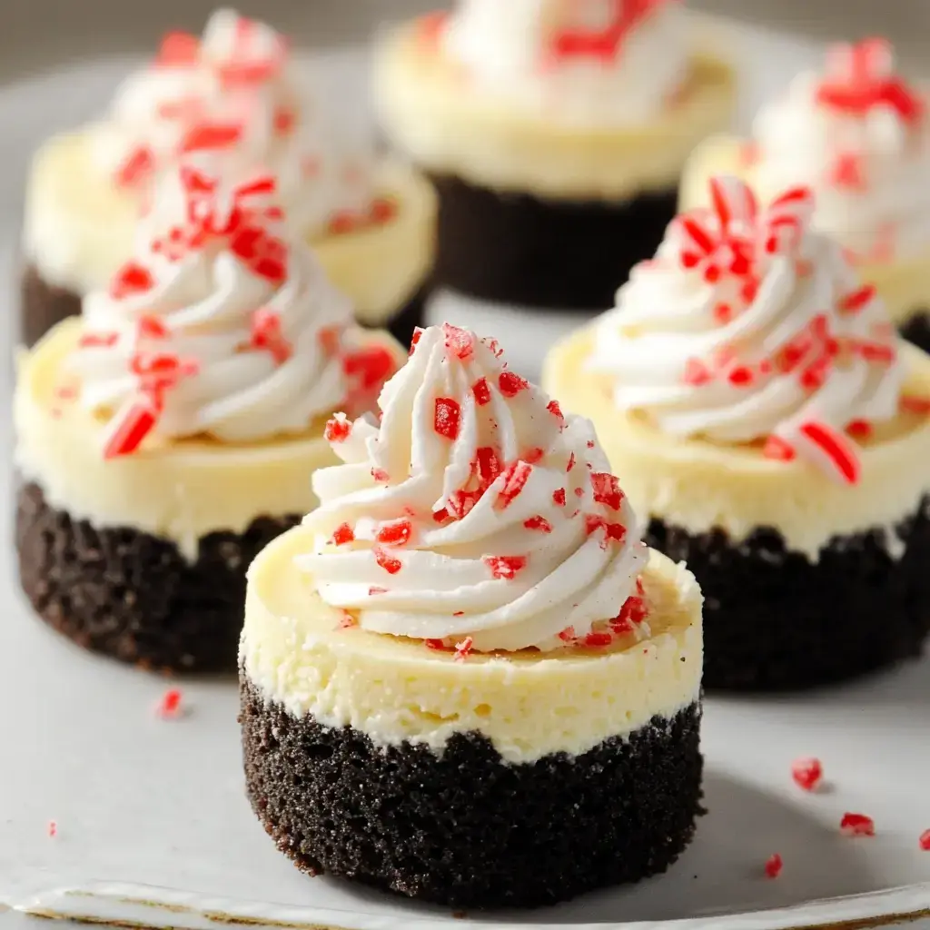 A close-up of festive mini cheesecakes topped with whipped cream and red sprinkles, resting on a white plate.