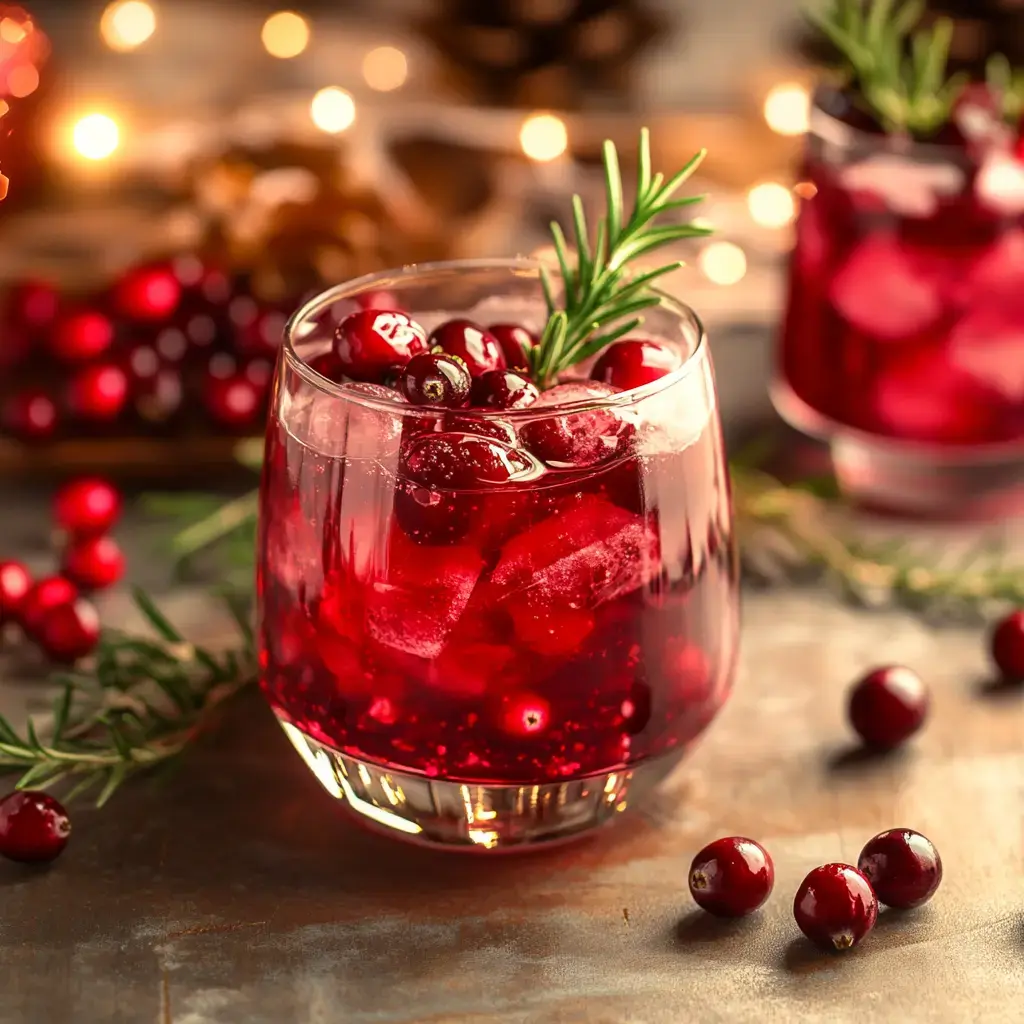 A close-up of a glass filled with a vibrant red drink, garnished with cranberries and a sprig of rosemary, surrounded by cranberries and soft, warm lighting.