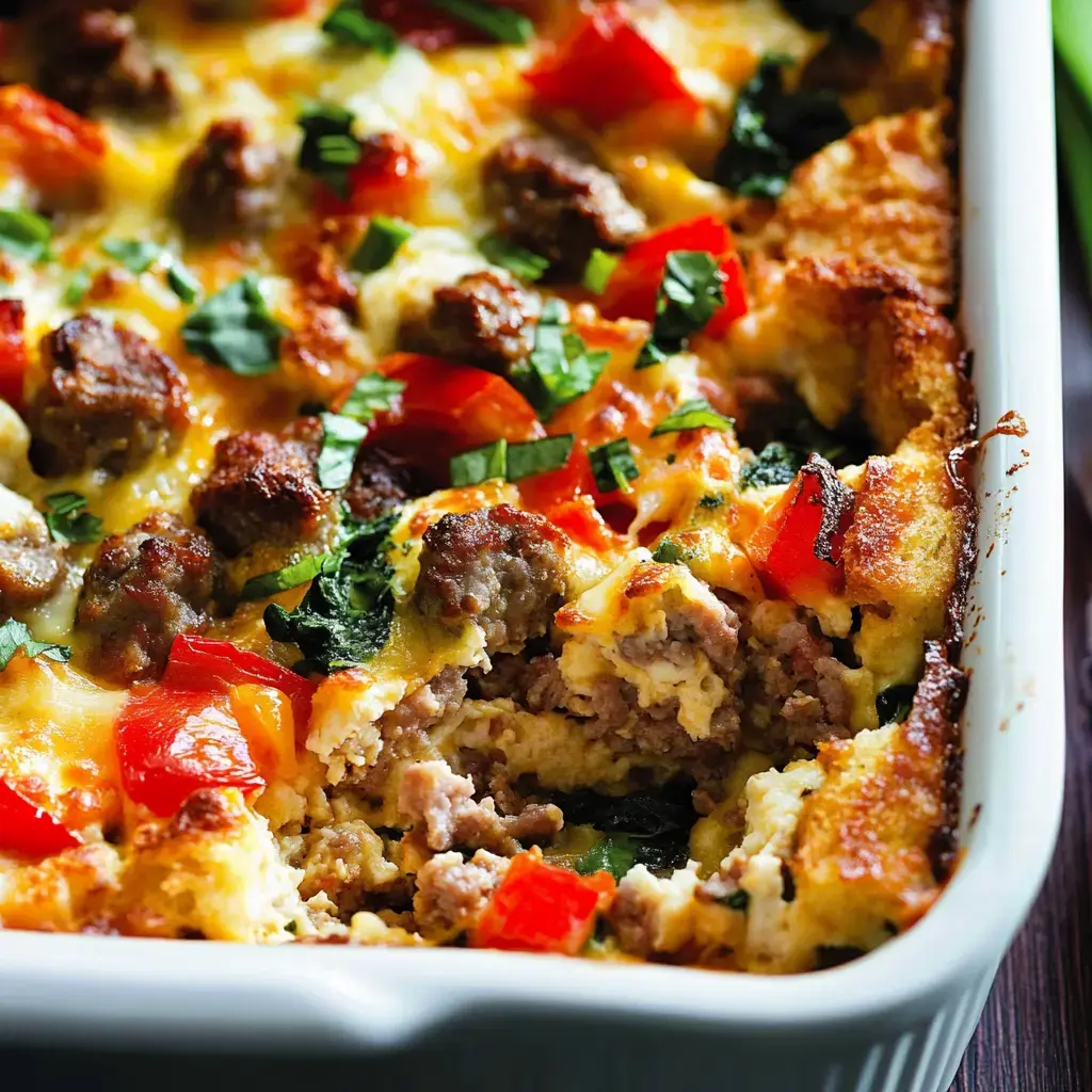 A close-up of a baked casserole featuring sausage, red peppers, cheese, and herbs, with a portion removed to reveal its layered contents.