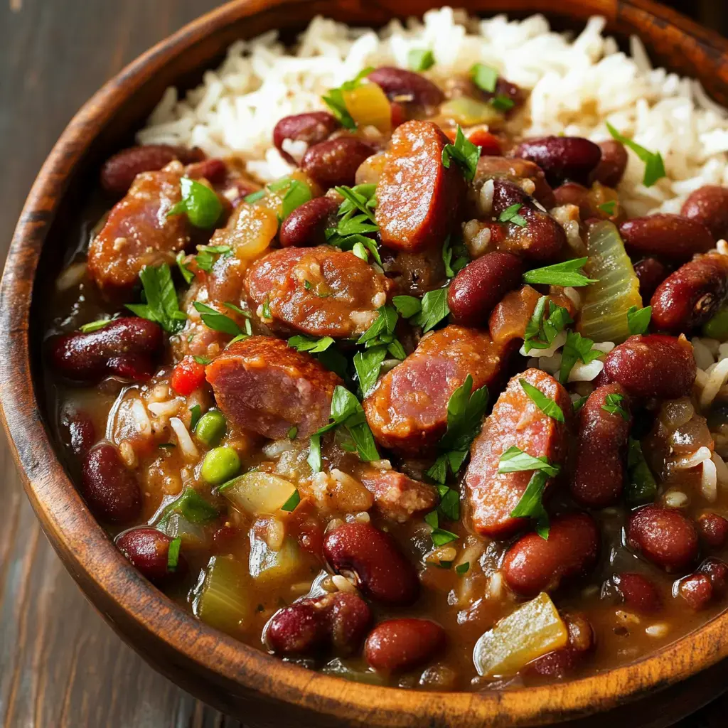 A wooden bowl filled with rice topped with a savory mixture of sausage, kidney beans, and chopped vegetables, garnished with fresh parsley.