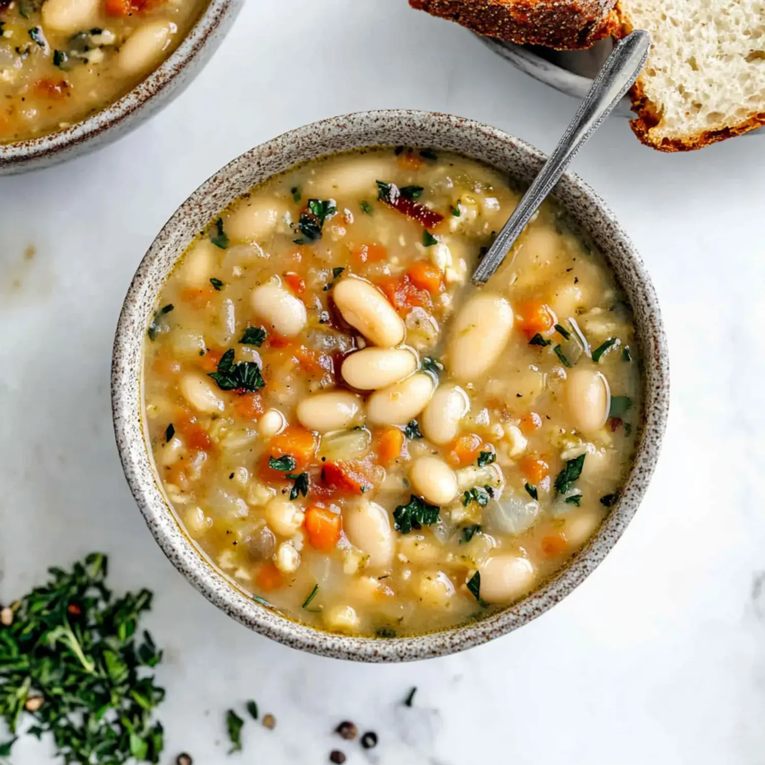 A bowl of hearty white bean soup garnished with herbs, accompanied by a piece of crusty bread.