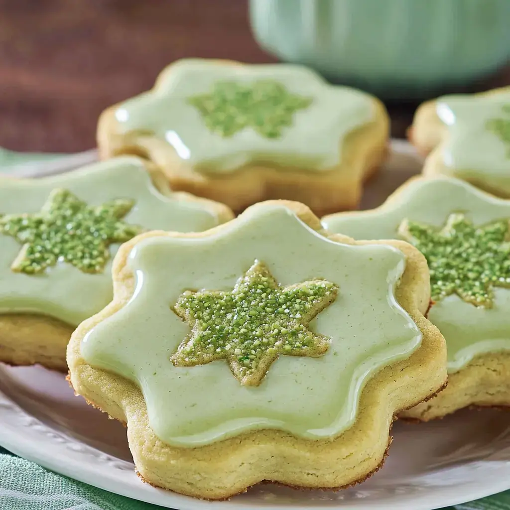 A plate of star-shaped cookies decorated with green icing and green sprinkles.