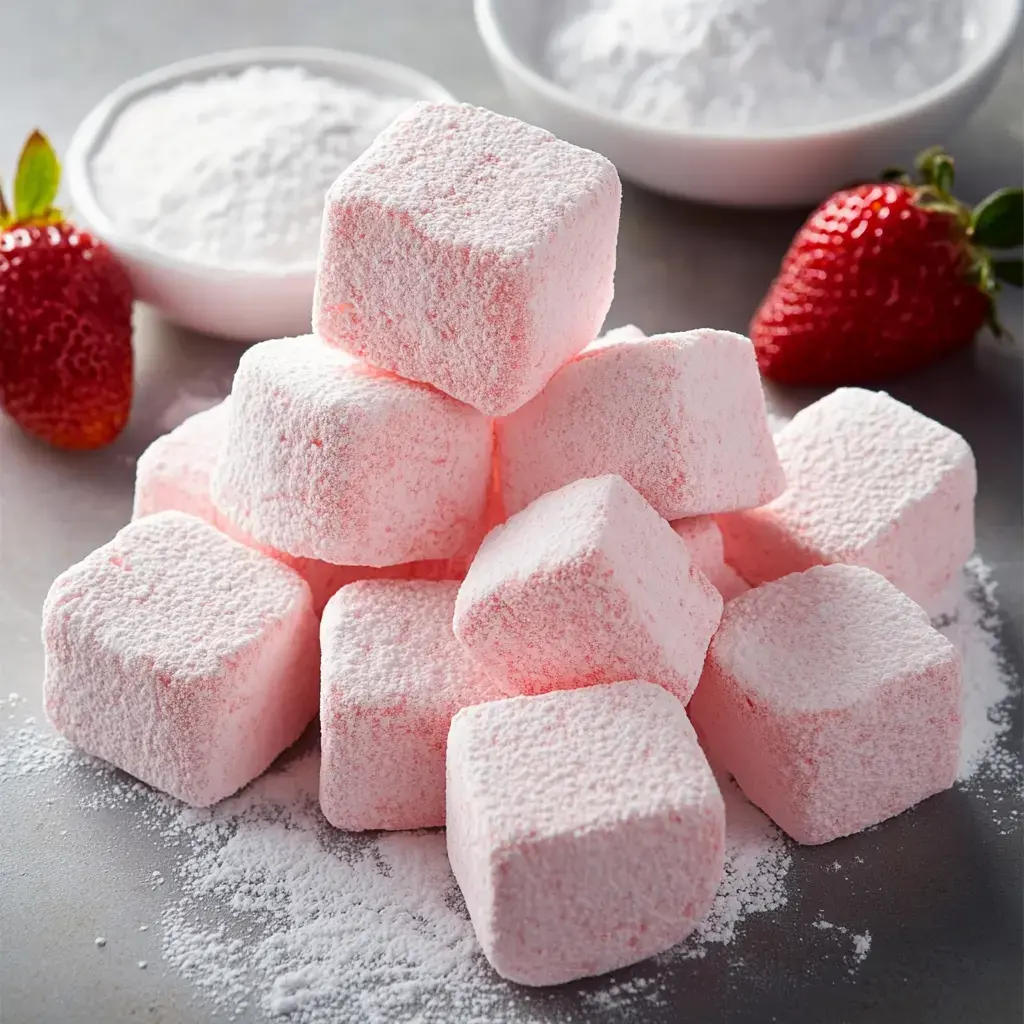 A pile of pink marshmallow cubes dusted with powdered sugar, surrounded by fresh strawberries and bowls of additional powdered sugar.