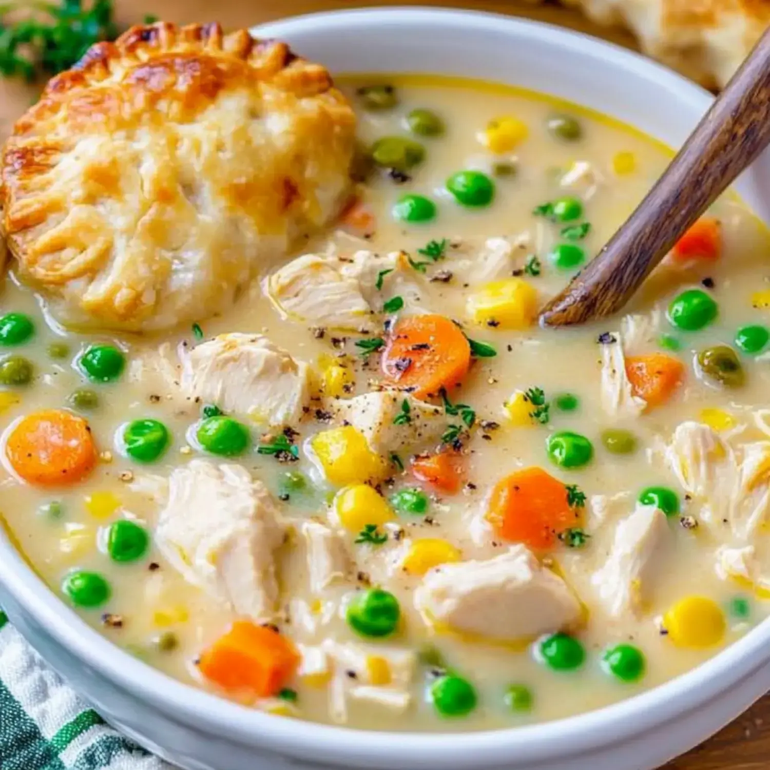 A bowl of chicken soup with vegetables, featuring chunks of chicken, carrots, peas, and corn, topped with a golden-brown pastry crust.