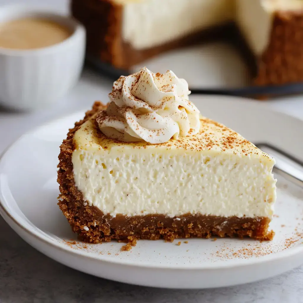 A slice of creamy cheesecake topped with whipped cream and dusted with cinnamon, served on a white plate beside a small cup of coffee.