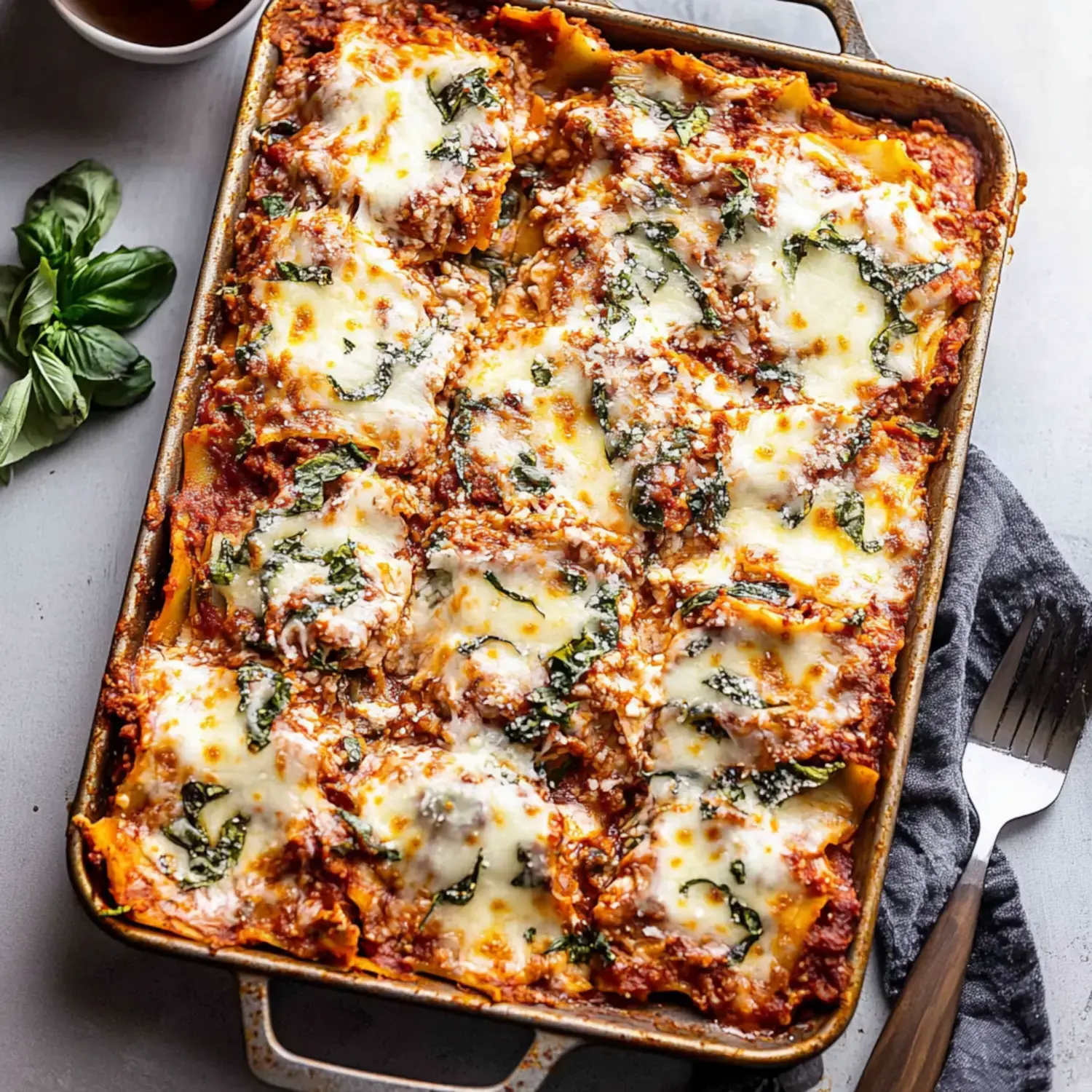 A baked lasagna layered with cheese, spinach, and meat sauce, displayed in a rectangular dish alongside fresh basil and utensils.