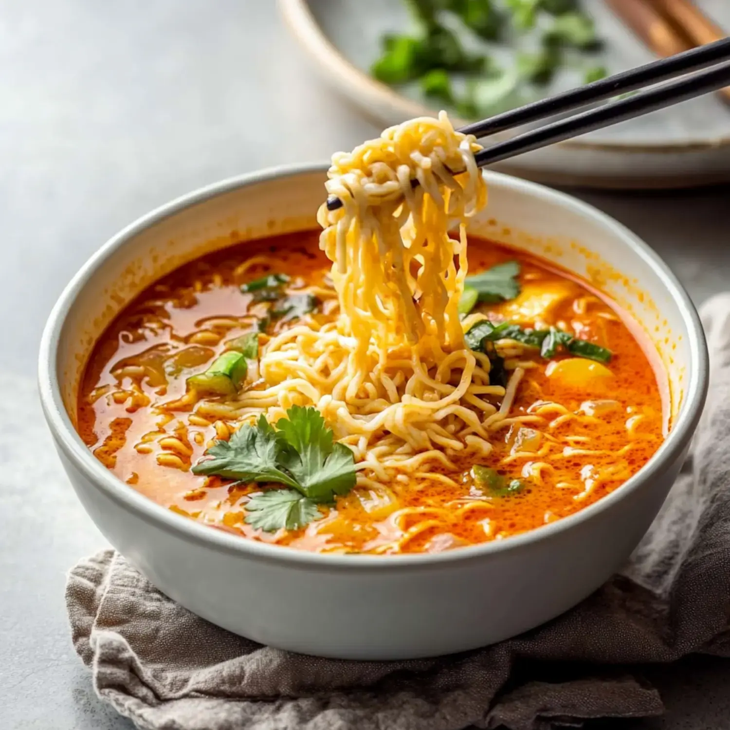 A bowl of spicy noodle soup garnished with herbs, with chopsticks lifting strands of noodles.