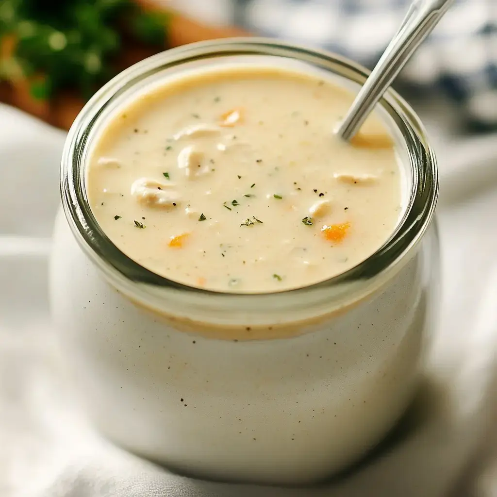 A close-up of a glass jar filled with creamy soup, garnished with herbs and small pieces of vegetables.