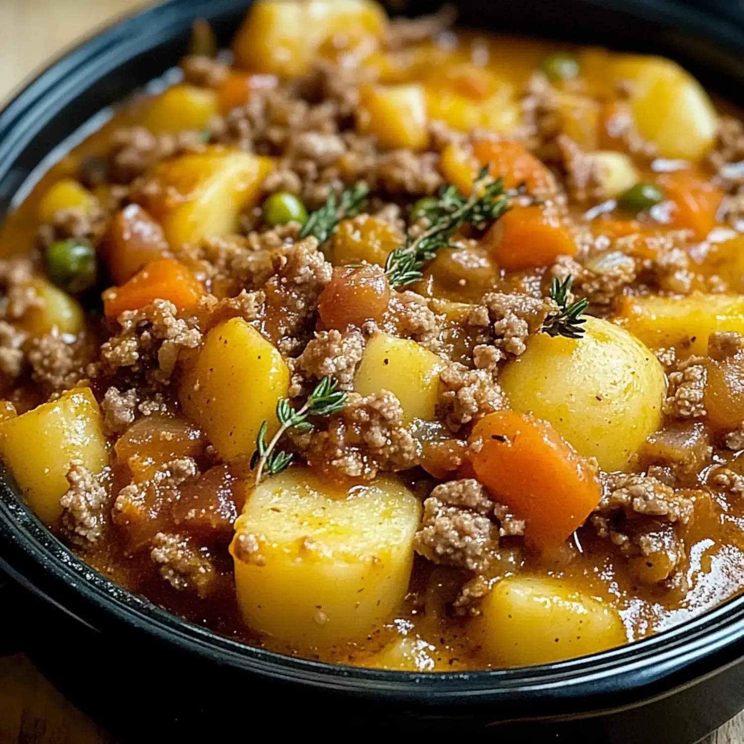 A close-up of a hearty meat and vegetable stew featuring ground meat, potatoes, carrots, and peas, garnished with thyme.