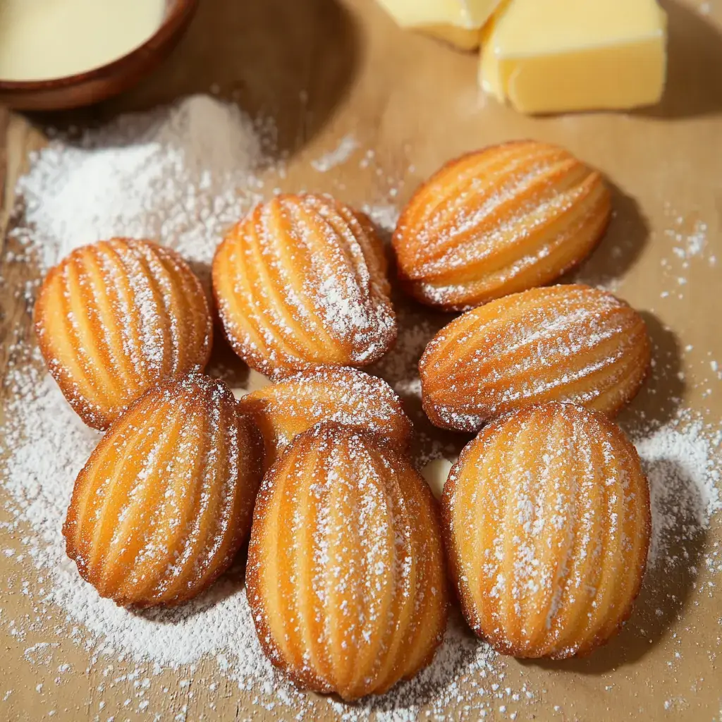 A close-up image of freshly baked madeleine cookies dusted with powdered sugar, accompanied by a small bowl of cream and chunks of butter.