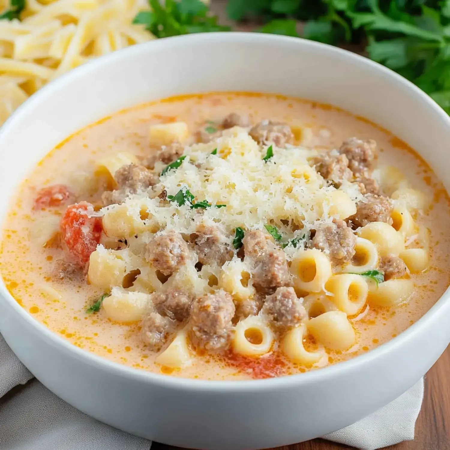 A bowl of creamy pasta soup with minced meat, tomatoes, and grated cheese, garnished with parsley, accompanied by strands of pasta.