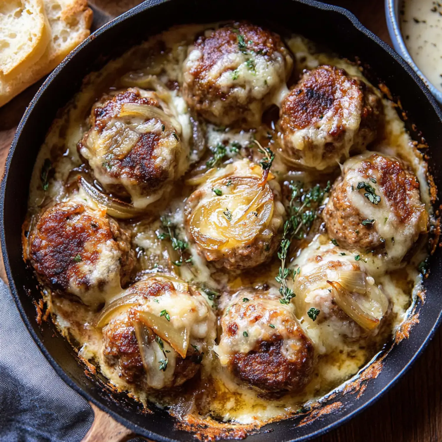 A cast iron skillet filled with cheesy meatballs topped with caramelized onions and fresh herbs.