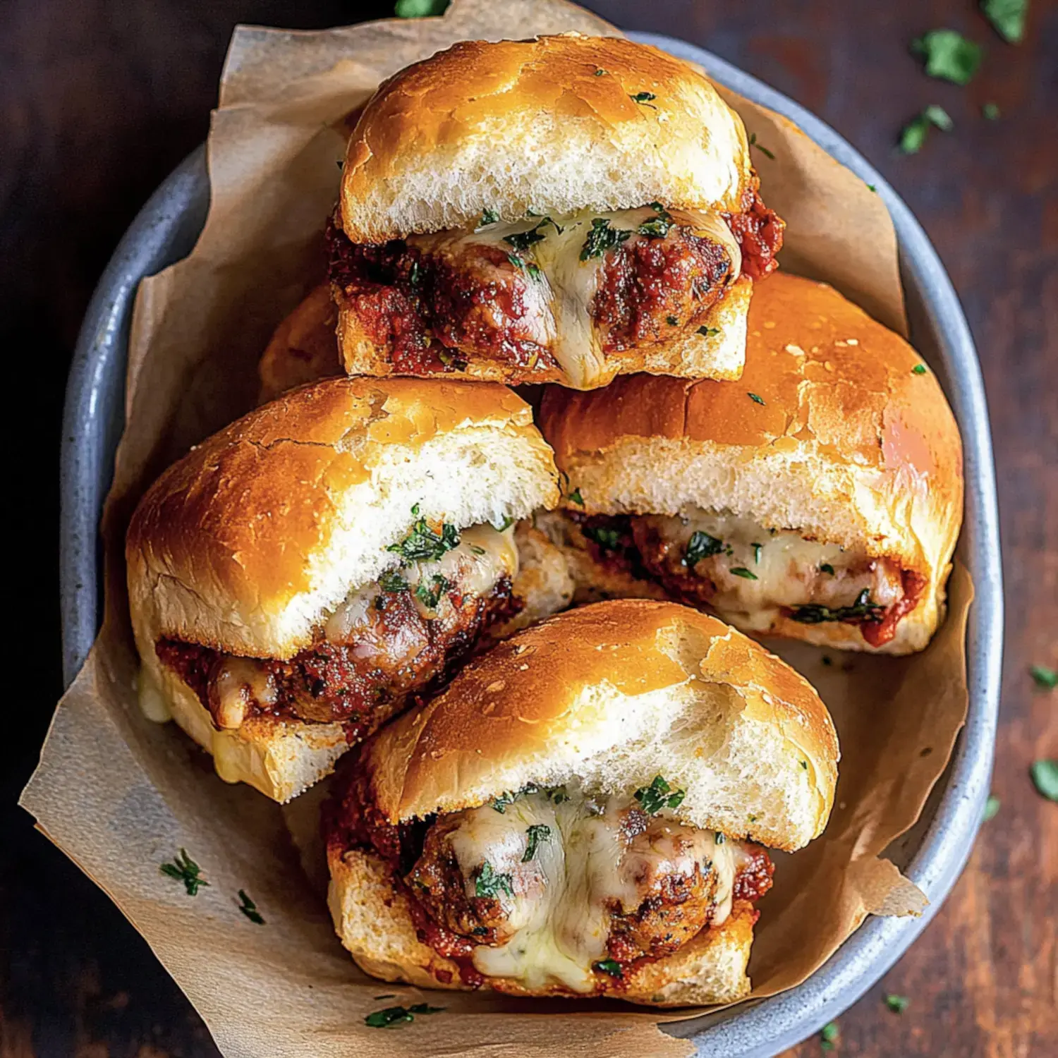 A basket of small meatball subs topped with melted cheese and garnished with parsley.