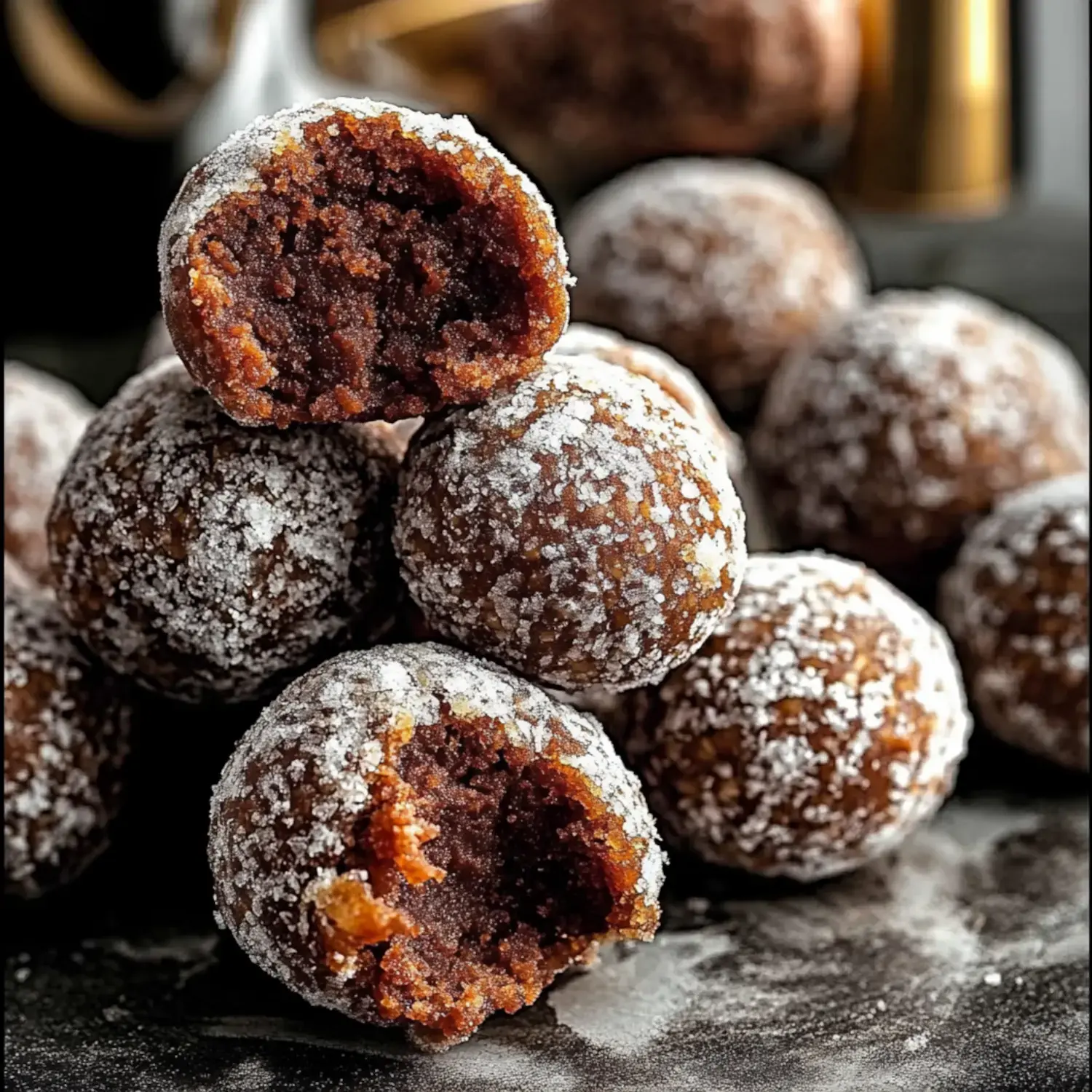 A stack of chocolate truffle balls dusted with powdered sugar, one partially bitten to reveal a rich, dark filling.