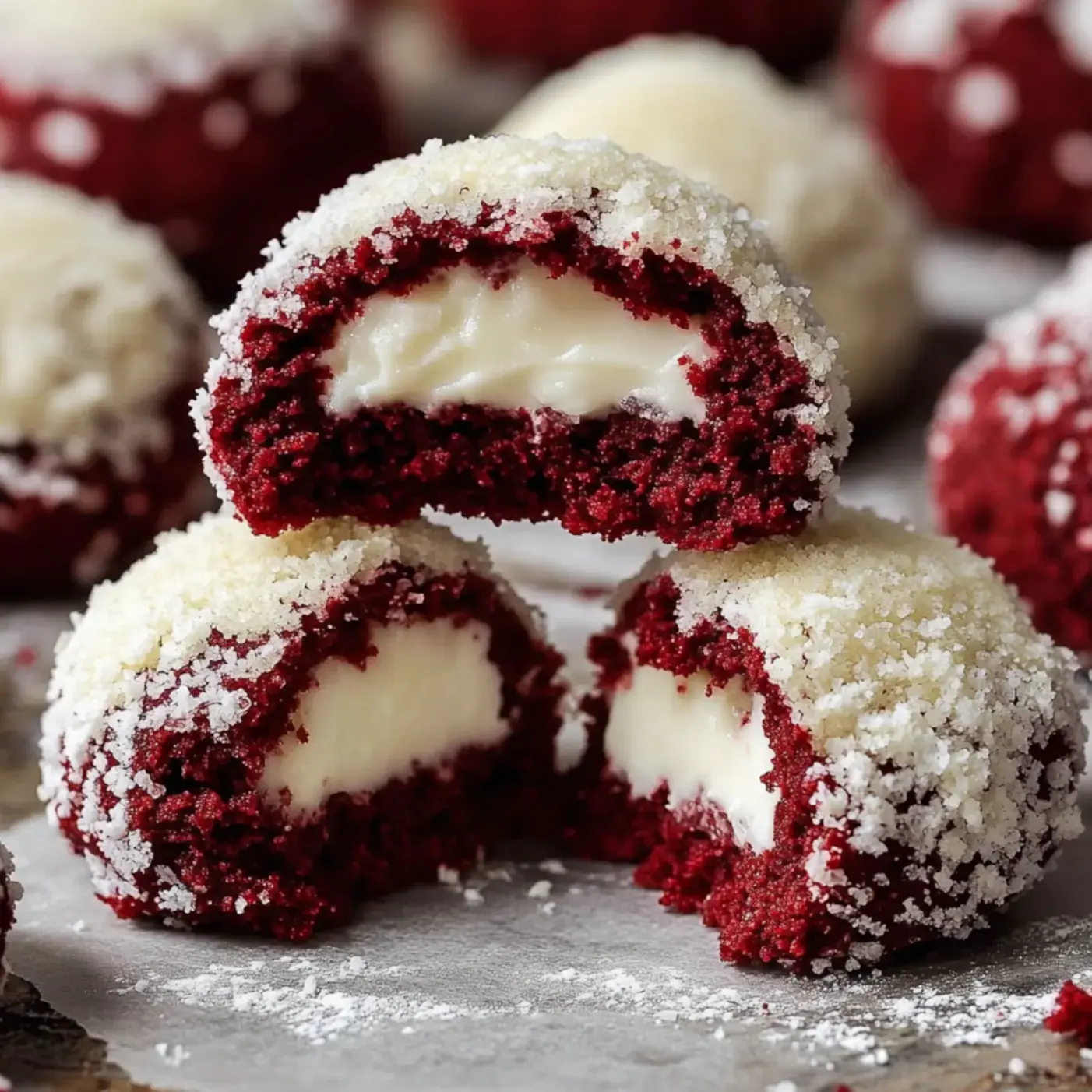 A close-up image of red velvet cake balls coated in white sugar, revealing a creamy filling inside.