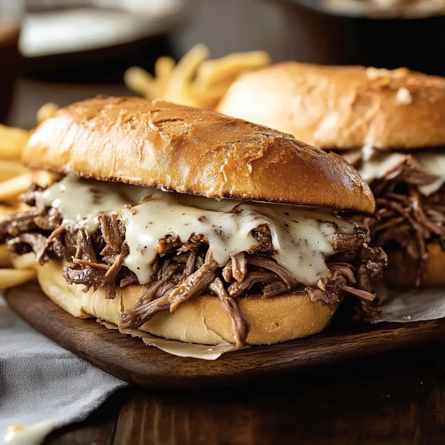 A close-up of a delicious beef sandwich topped with melted cheese, served alongside crispy French fries.