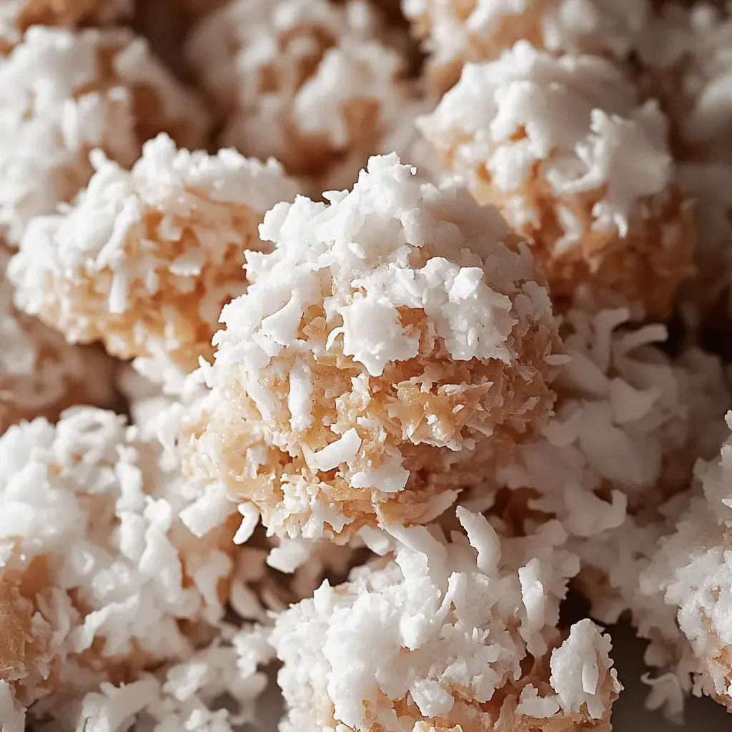 A close-up of coconut macaroons coated in shredded coconut.