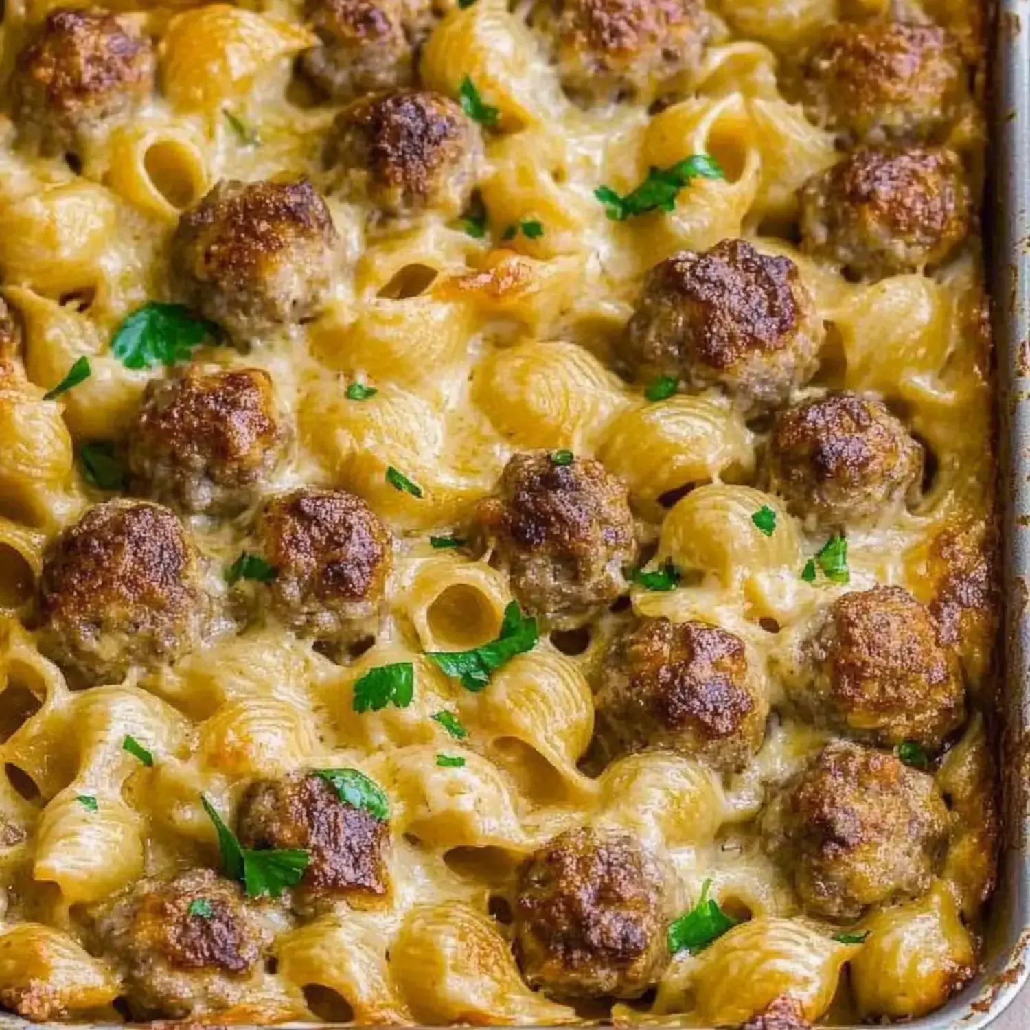 A baked pasta dish featuring meatballs and covered in a creamy sauce, garnished with green herbs.