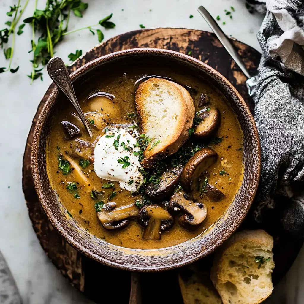 A bowl of creamy mushroom soup topped with a dollop of sour cream, fresh herbs, and slices of bread, placed on a wooden cutting board.