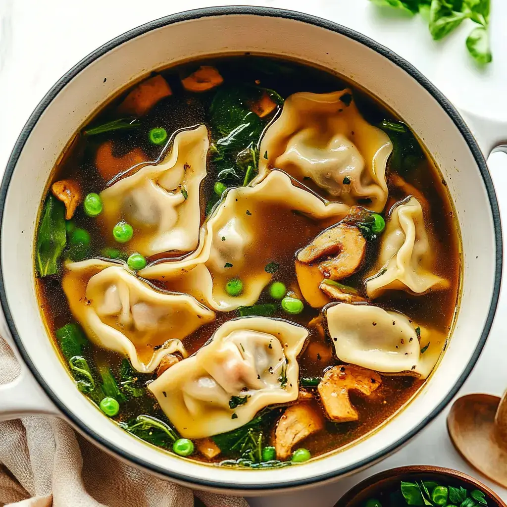 A bowl of broth filled with dumplings, mushrooms, spinach, and green peas.