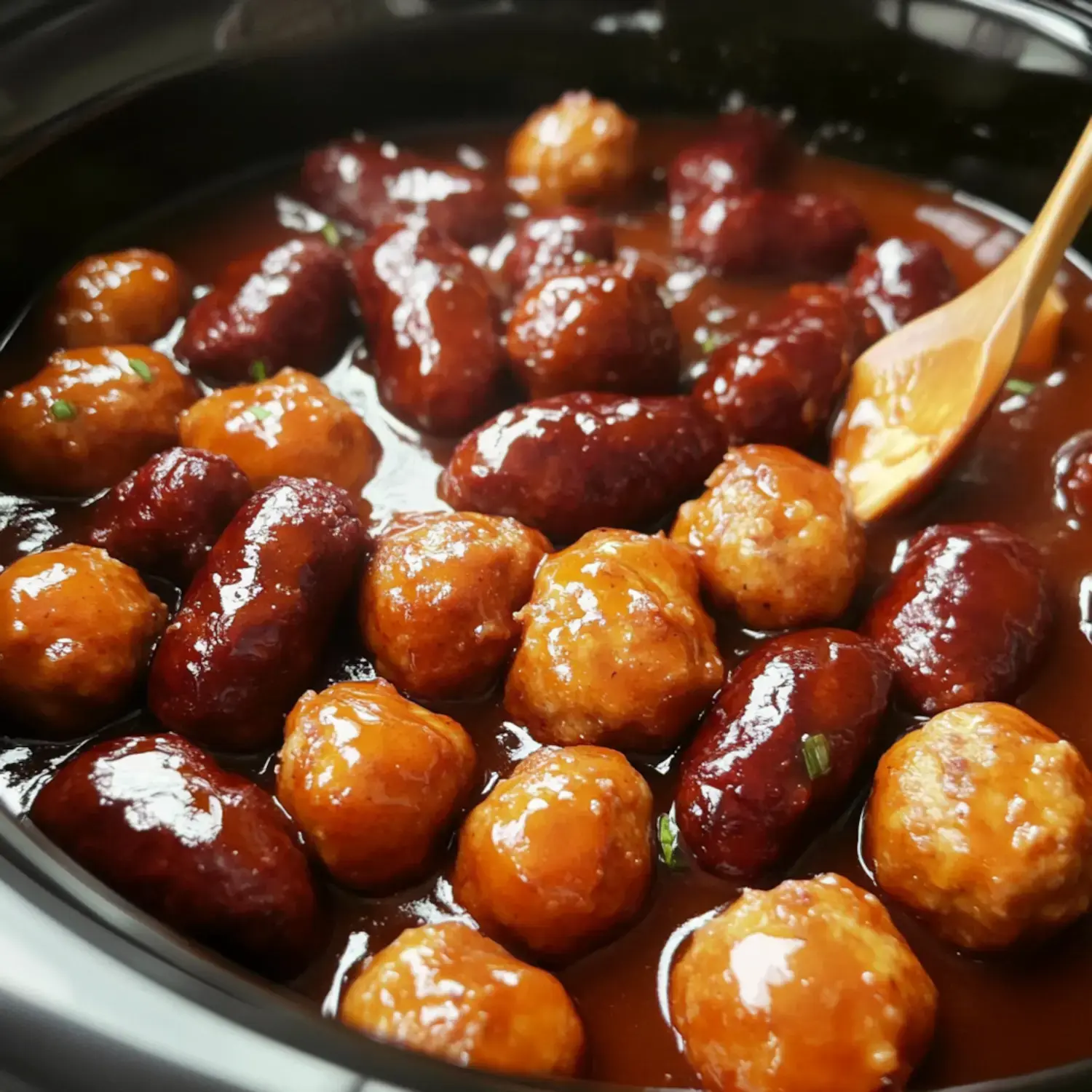 A close-up view of a slow cooker filled with shiny meatballs and sausages in a thick, savory sauce.