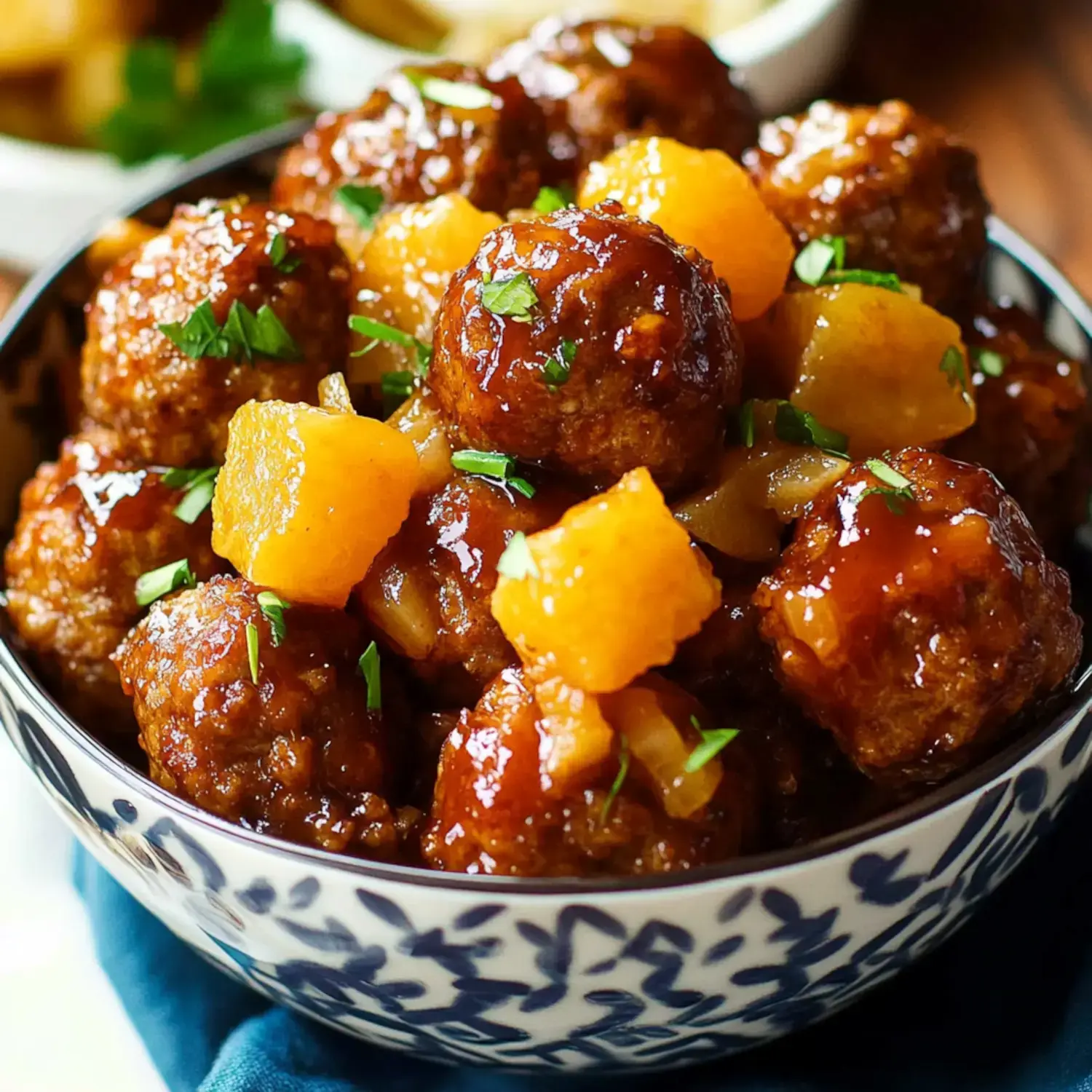 A bowl of meatballs glazed with a sweet sauce, topped with chunks of pineapple and garnished with green herbs.