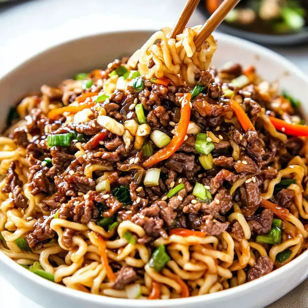 A bowl of stir-fried noodles topped with beef, green onions, carrots, and sesame seeds, with chopsticks picking up a portion.