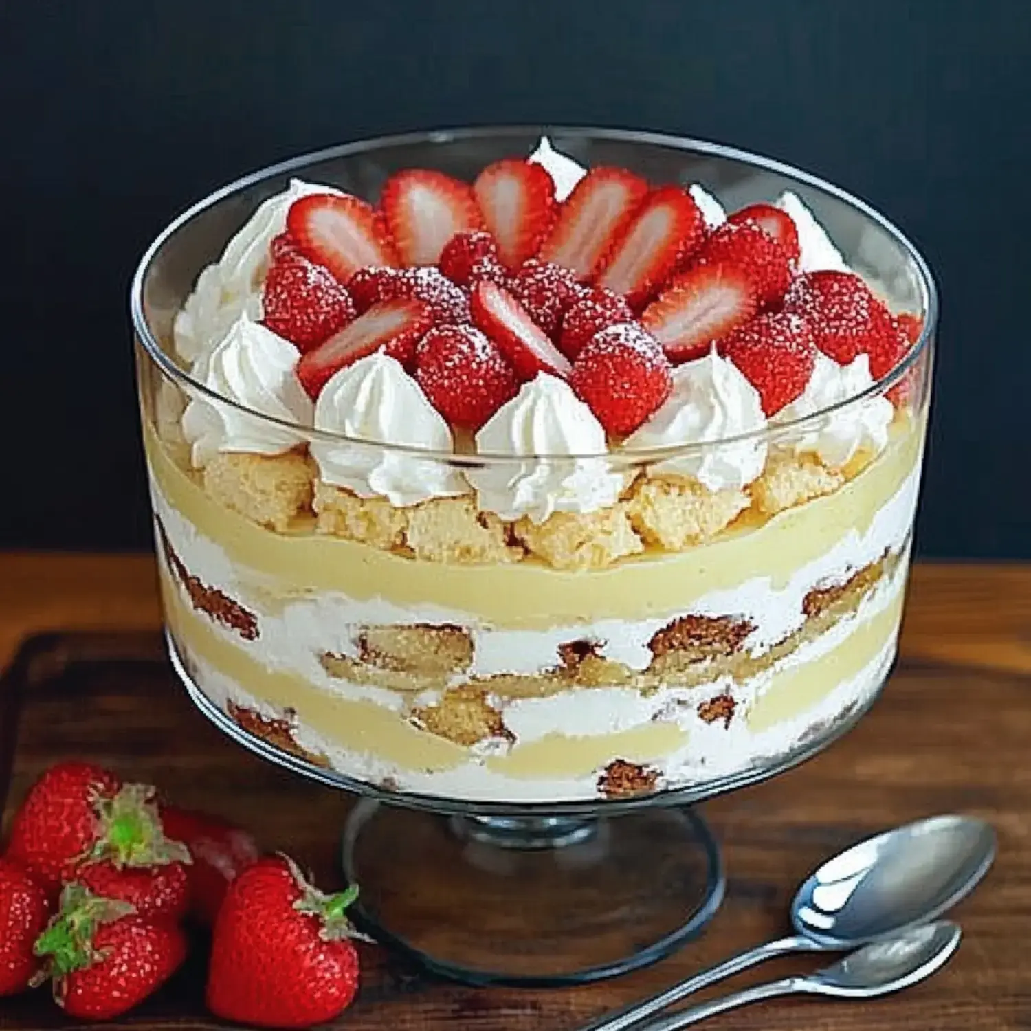 A layered trifle dessert featuring layers of sponge cake, vanilla cream, whipped cream, and topped with fresh strawberries and raspberries.