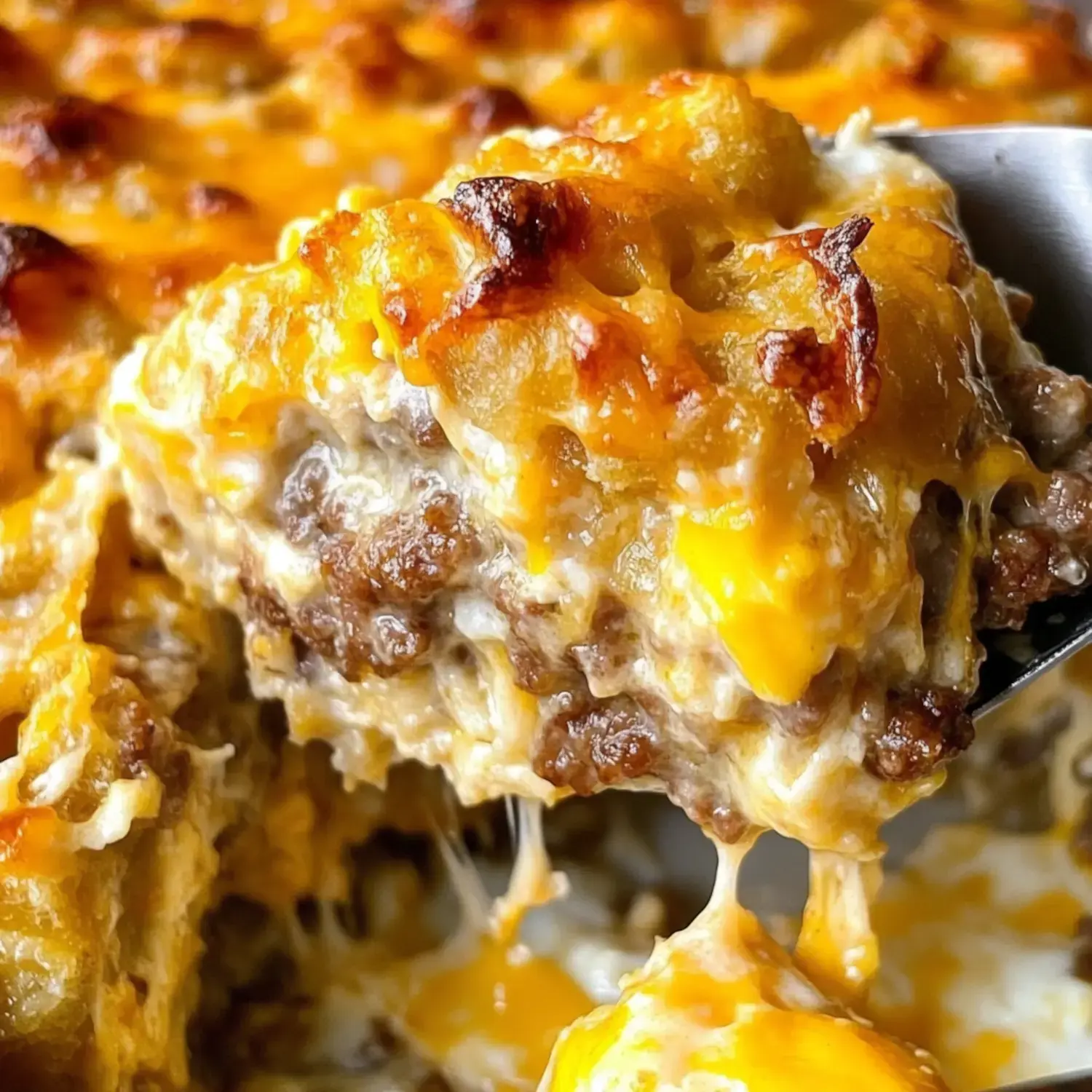 A close-up of a cheesy baked dish with layers of ground meat and melted cheese, showing its gooey texture.