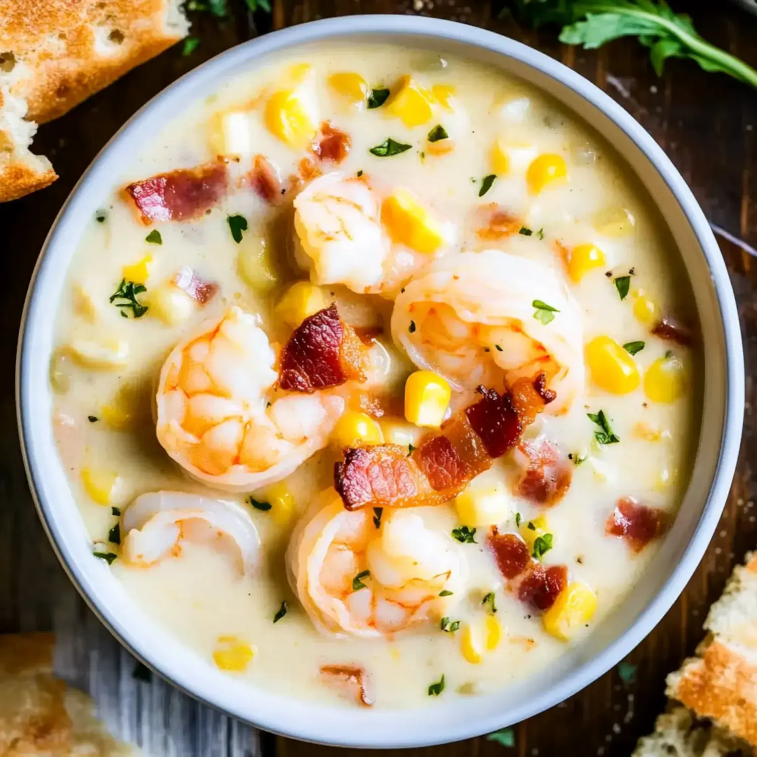 A bowl of creamy shrimp and corn chowder topped with crispy bacon and parsley, accompanied by a piece of bread.