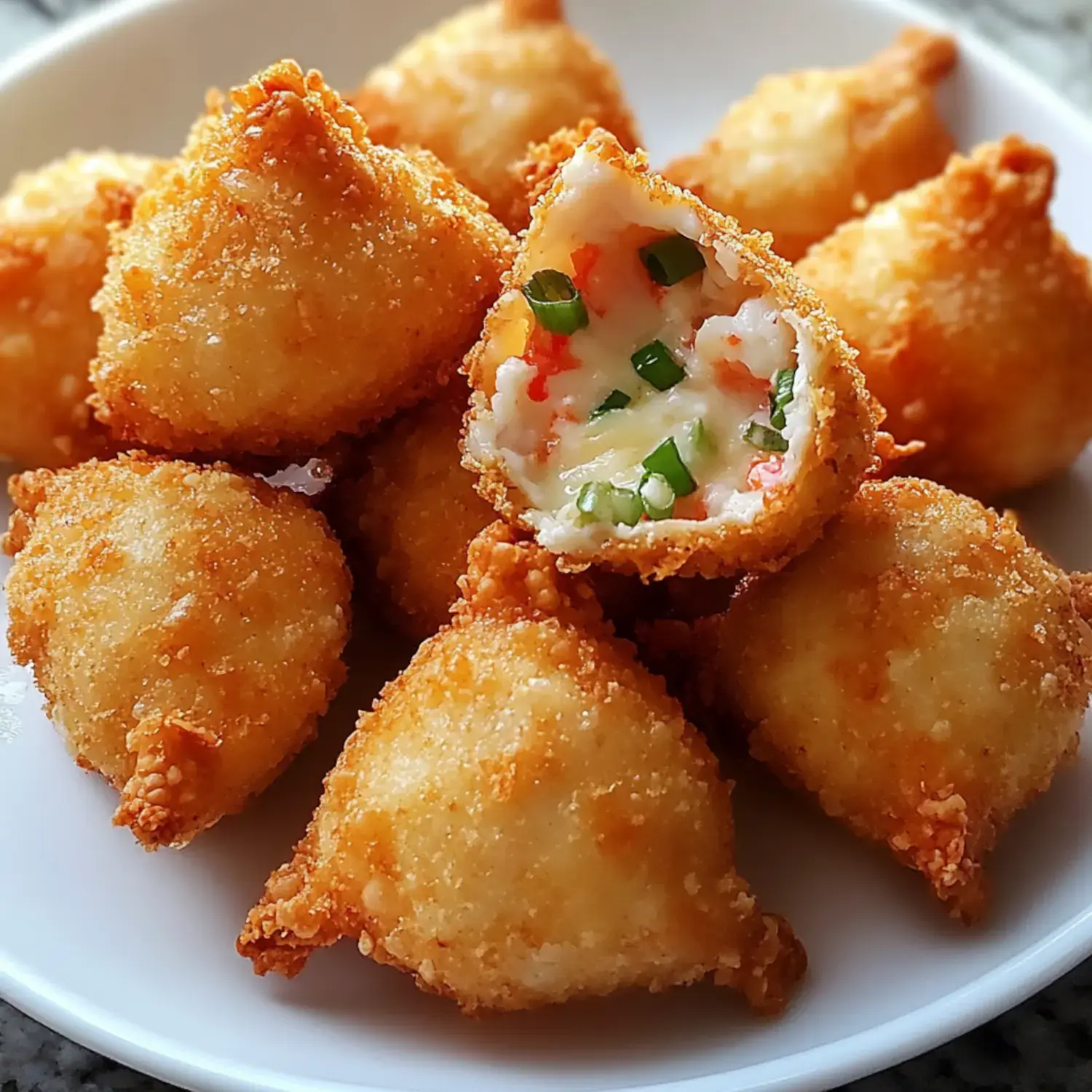 A plate of golden-brown fried dumplings, with one cut open to reveal a filling of chopped vegetables and creamy ingredients.