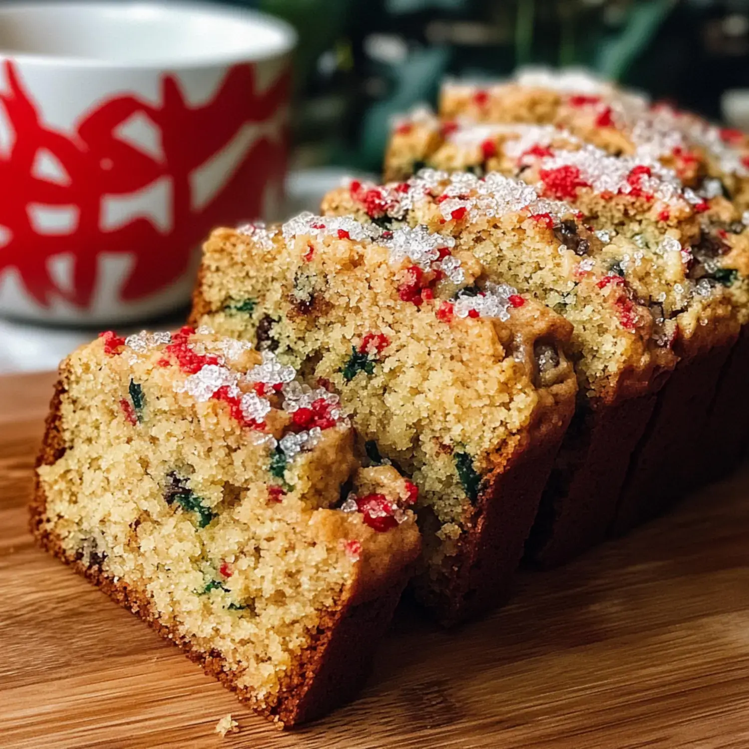 A close-up of sliced holiday cake with colorful sprinkles, placed on a wooden board, with a decorative mug in the background.