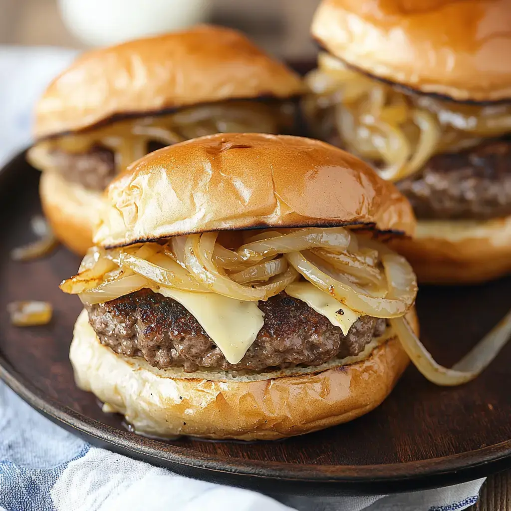 Three cheeseburgers with caramelized onions on toasted buns are served on a dark wooden plate.