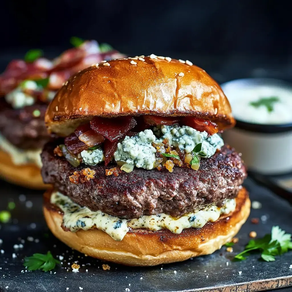 A close-up of a gourmet hamburger layered with a beef patty, blue cheese, crispy bacon, and a creamy sauce, served in a shiny sesame seed bun.