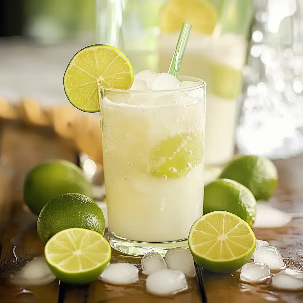 A refreshing lime drink with ice is served in a glass, garnished with a lime slice, surrounded by whole and sliced limes on a wooden surface.